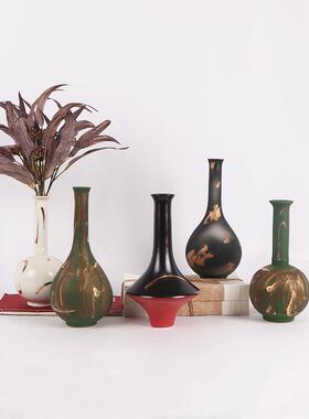 新式中古描金圆肚禅细口瓶花花器摆件OOG样版房展中厅意茶室家居