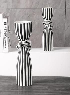 意轻奢黑白条纹烛创台楼陶瓷摆件现代家处居软装样板房售NTY饰品