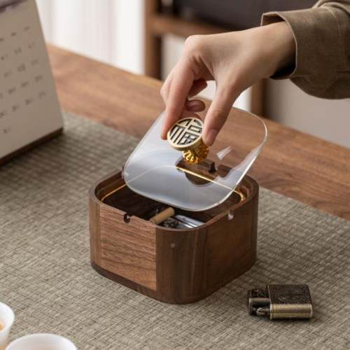 胡桃木烟灰缸高级感防飞灰带商用办家室用客厅酒店中936式盖烟公