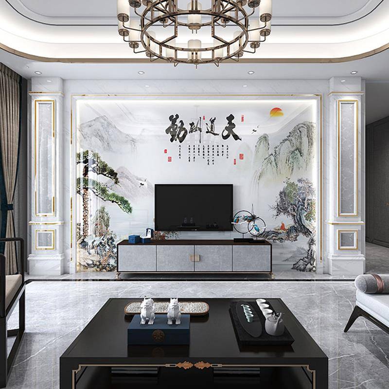 新中景式电视背墙瓷砖微岩晶石山水画视板k6494石材客厅大理石影