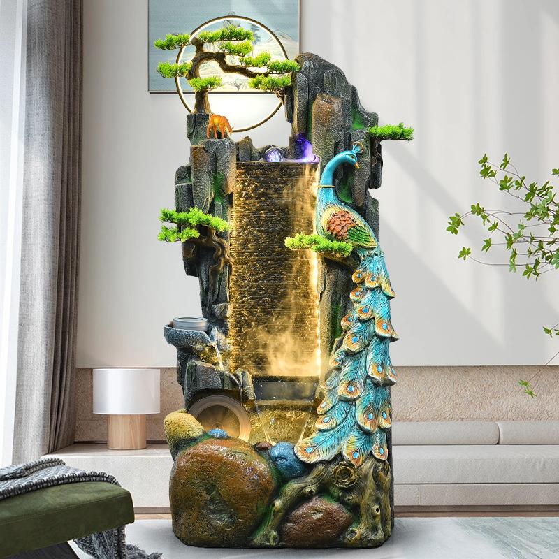 孔雀水幕墙落地屏风招财客厅玄关装饰流水器生财乔迁新居开业摆件