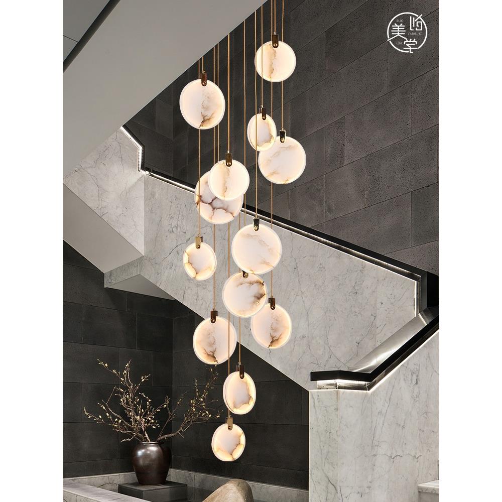 新中式复式楼楼梯间长吊灯现代餐厅云石灯别墅跃层楼中楼客厅灯具