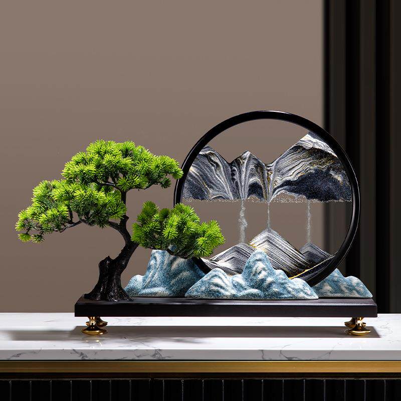 创意迎客松摆件流沙画沙漏新中式客厅玄关装饰办公室领导高档禅意