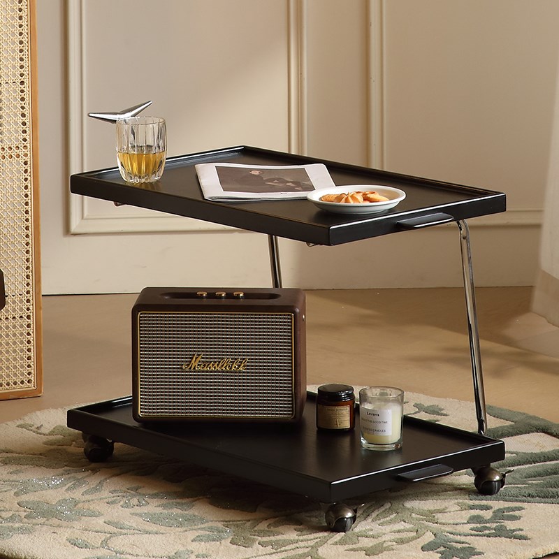 复古实木沙发边家用客厅茶几可移动小推I车双层收纳床头置物餐边