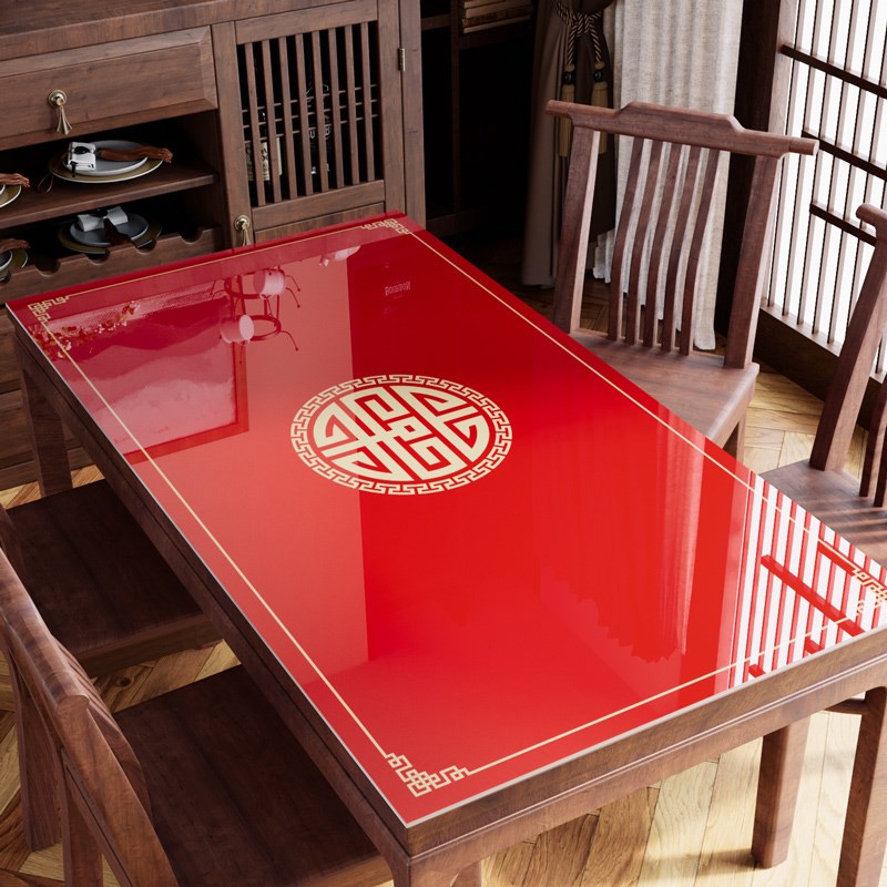 喜庆新中式餐桌垫软玻璃茶几桌布免洗防I水防油长方形桌面春节过