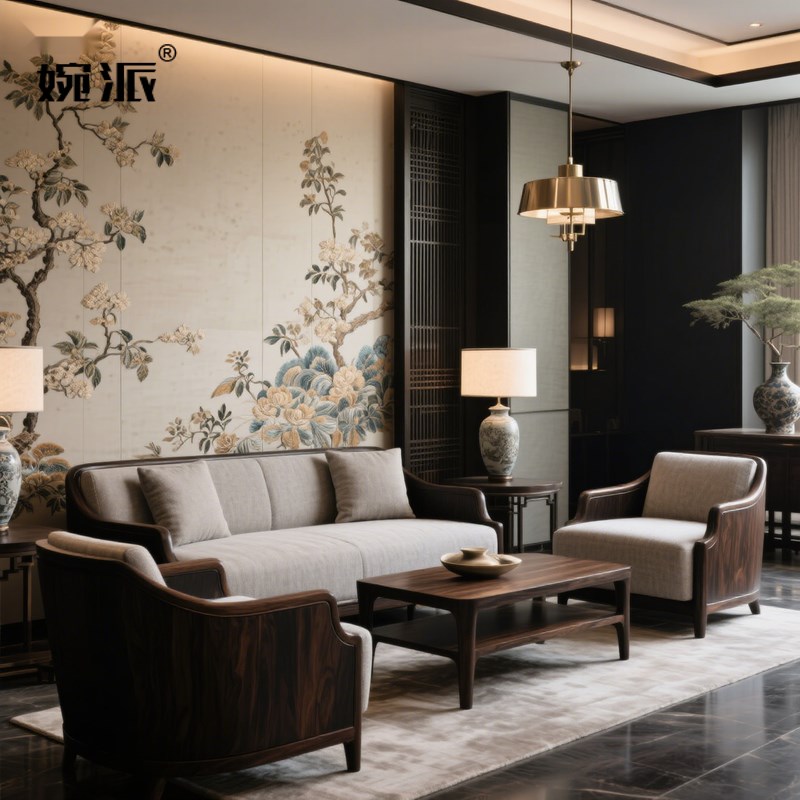 婉派北美黑胡桃木l沙发实木沙发新中式奶油风网红酒店会客厅贵妃