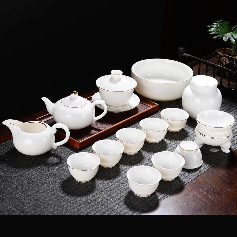 描金羊脂玉白瓷功夫茶具套装日常办公送礼盖碗茶壶杯子茶具礼盒装