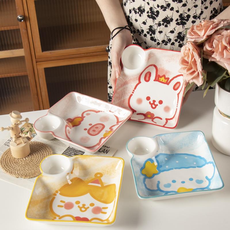萌宠餐具饺子盘子带醋碟家用菜盘子创意个性陶瓷分格盘寿司盘碟子
