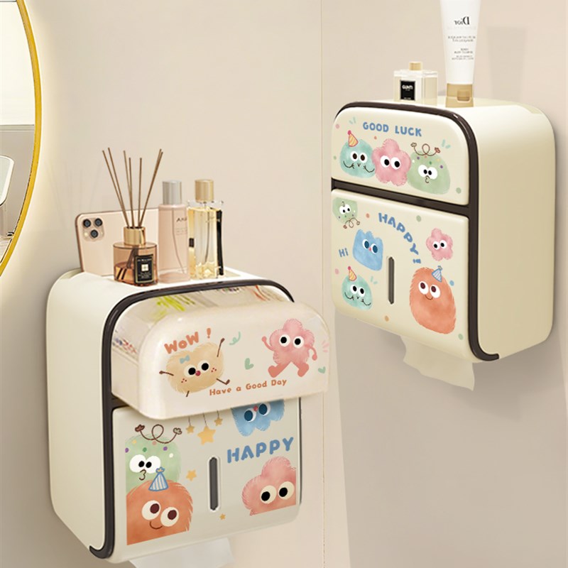 小怪兽壁挂式纸巾m架浴室防水纸巾盒免打孔双层储物架卷纸盒