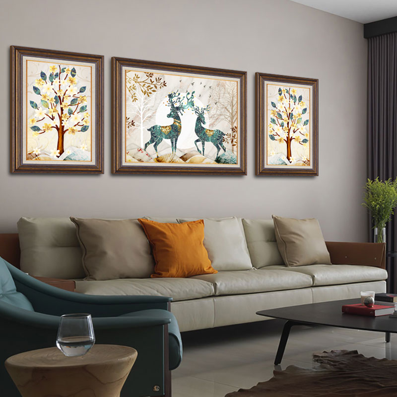 客厅装饰画沙发背景墙三联画欧式壁挂画美式轻奢油画肌理新品福禄