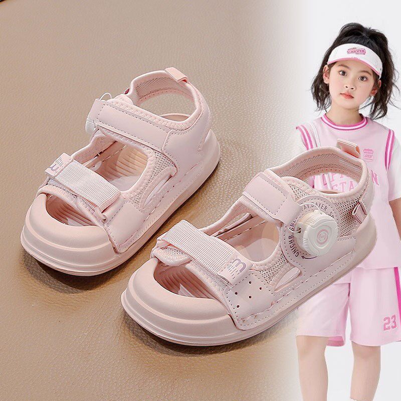 女童时尚凉鞋2025夏季新款旋转纽扣防滑透气运动凉鞋百搭休闲鞋子