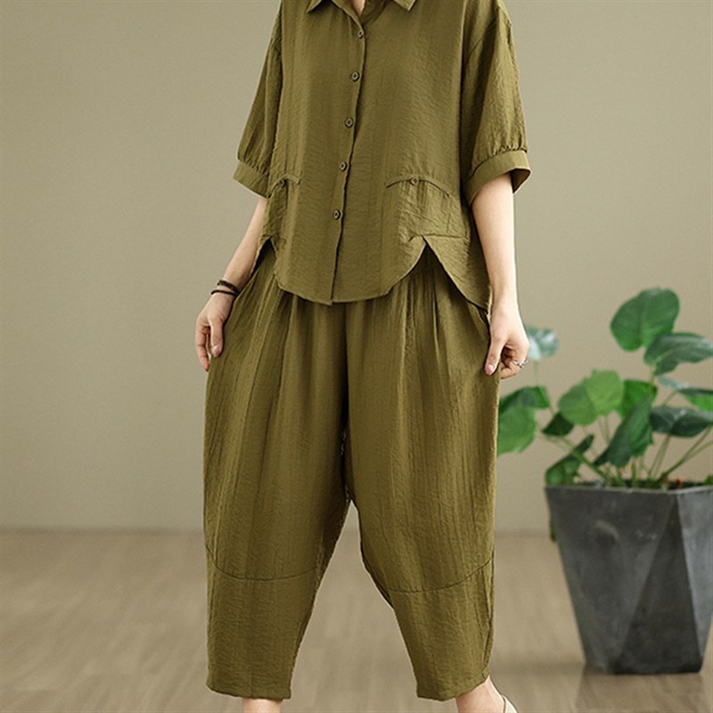 中老年女装妈妈夏装套装2025夏季新款亚麻时尚宽松休闲大码两件套