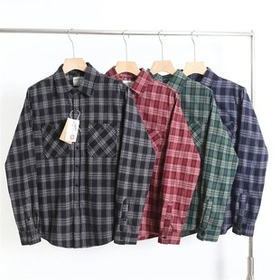 300克高克重男士软糯面料美式复古轻磨毛长袖格子衬衫4077-0903