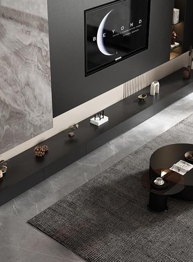 黑色岩板地台长条定制电视柜意式极简客厅海棠角地柜壁炉柜储物