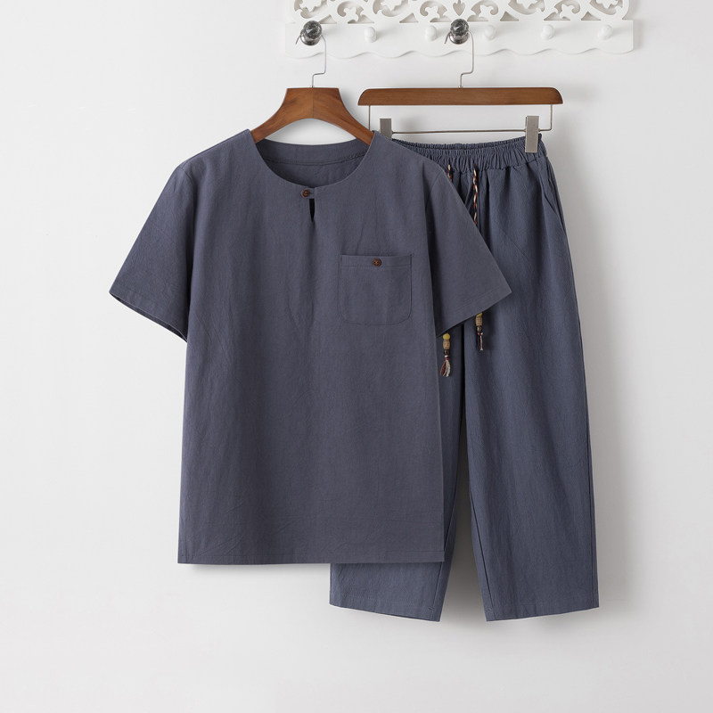 夏天中年套装男亚麻短袖宽松爸爸夏装中老年人爷爷休闲棉麻七分裤,男装,T恤,淘宝优惠券,粉丝福利购,淘宝优惠卷