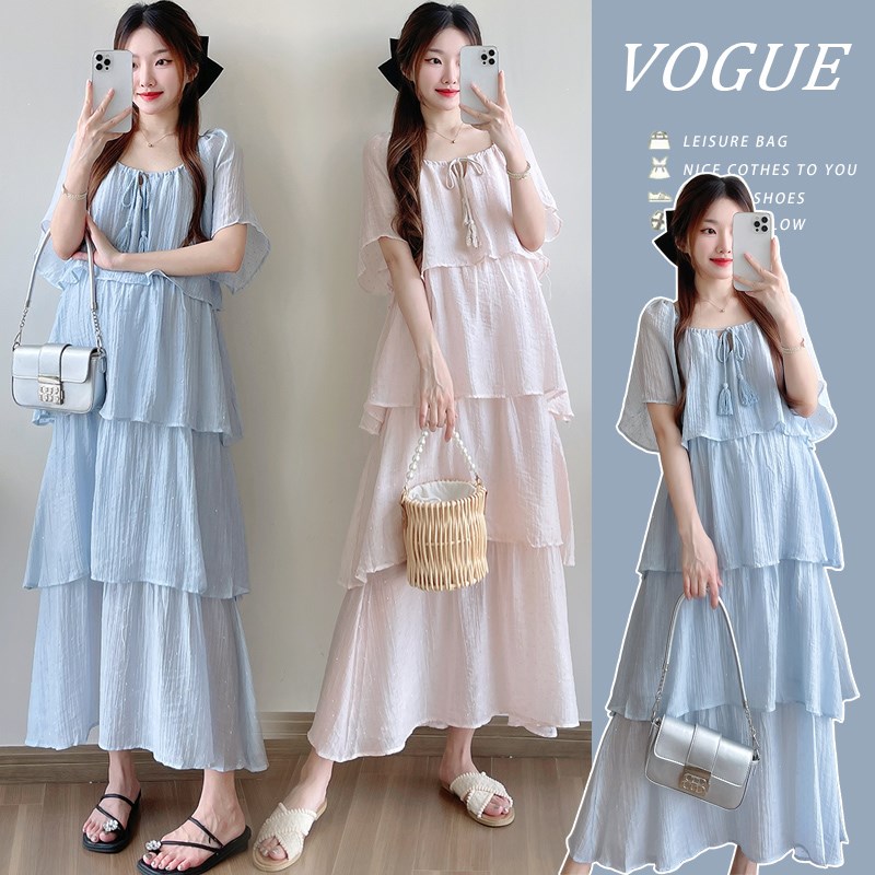 2024夏季新款孕妇连衣裙法式温柔中长裙甜美减龄宽松短袖蛋糕裙子