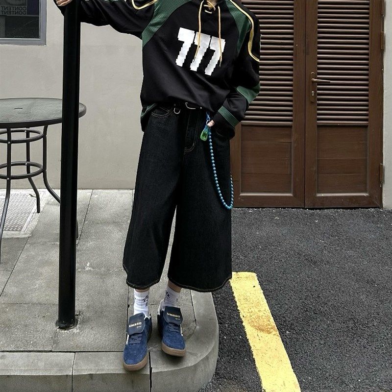 美式高街复古黑色直筒七分裤男潮款休闲百搭宽松阔腿牛仔裤高级感,男装,牛仔裤,淘宝优惠券,粉丝福利购,淘宝优惠卷