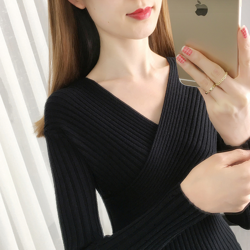 V领毛衣女短款百搭长袖针织衫修身内搭2021年春秋新款洋气打底衫