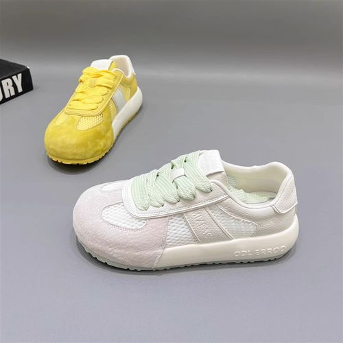 真皮网面小白鞋女2025春夏新款圆头厚底薄款透气舒适百搭休闲板鞋