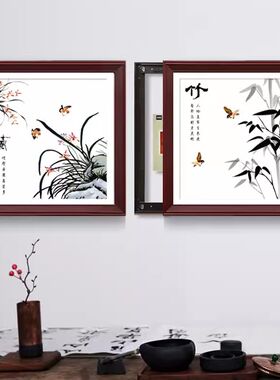 二联推拉b中式配电箱挂画遮挡电表箱装饰画电闸箱液压开关画免打
