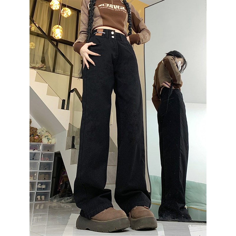 300斤大码胖mm美式高街直筒牛仔裤秋季黑色显瘦裤子女显瘦阔腿裤