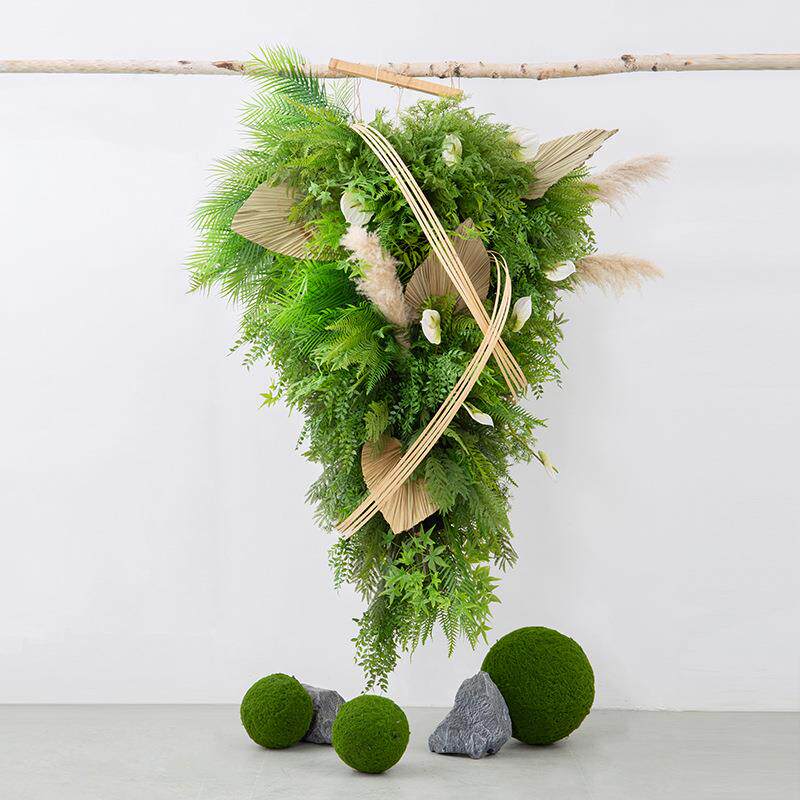 大型悬挂绿植花艺装置悬空吊顶假植物竹编葵叶插花大堂橱窗造景