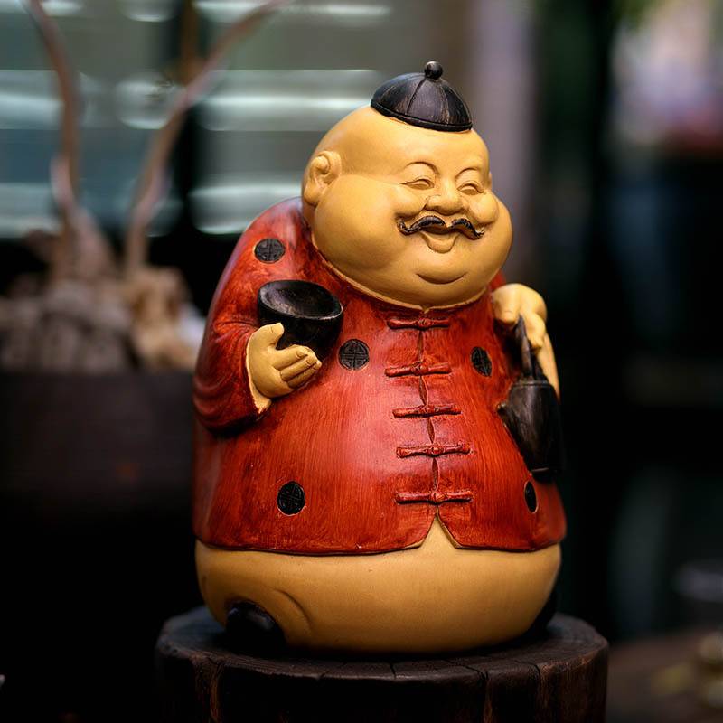 中式地主摆件客厅财神爷雕塑仿木雕茶几博古架装饰品桌面摆设招财