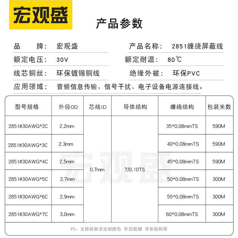 细外径音频线2851-30awg 2 3 4 5 6 7芯黑色灰色带缠绕屏蔽信号线