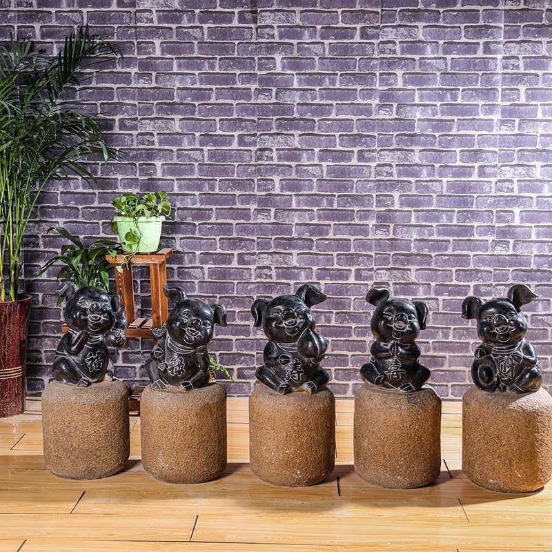 石雕摆件青石小猪中式仿古做旧室内客厅室外庭院石头摆件盆景花台