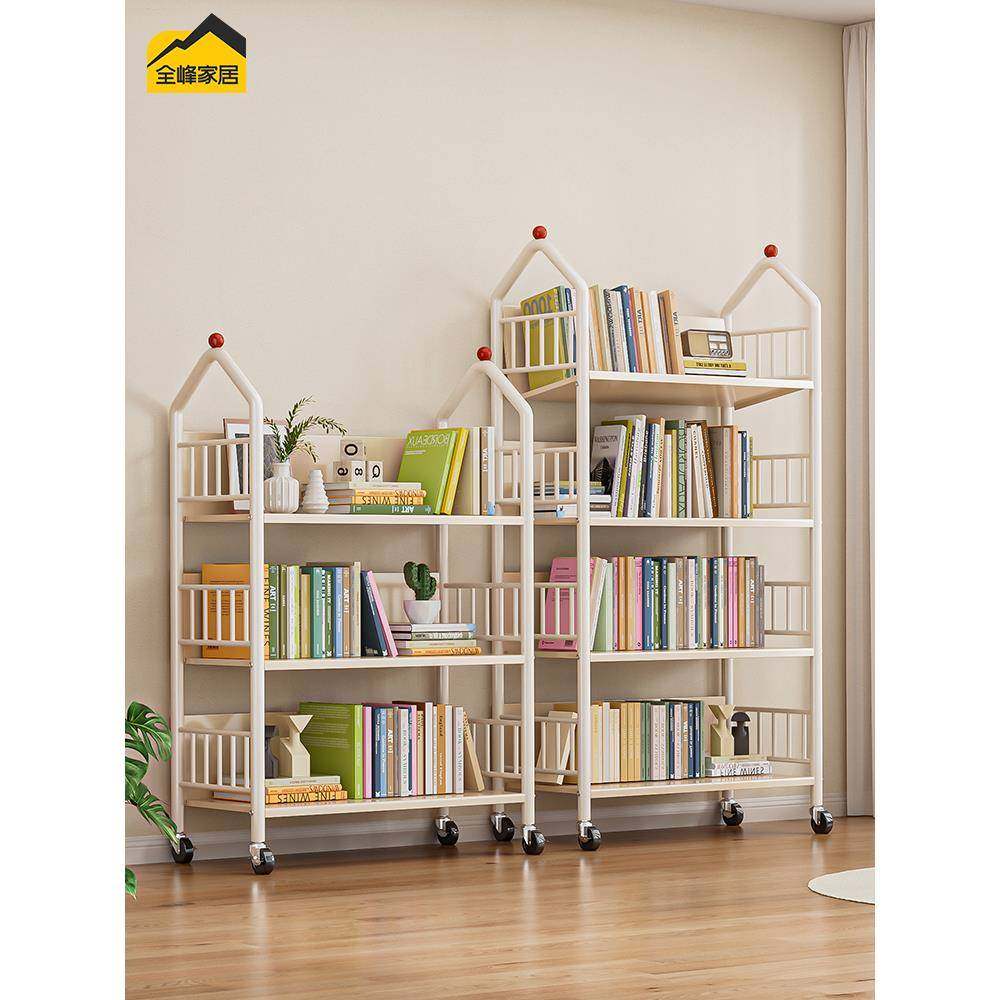 书架置物架落地可移动带轮儿童小书柜家用简易推车阅读收纳架铁艺