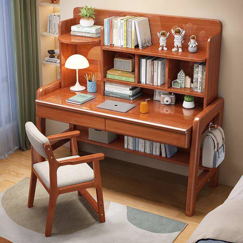 实木电脑桌带抽屉家用卧室学生书桌书架一体写字桌升降儿童学习桌