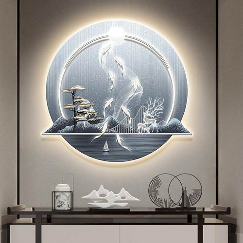 鱼聚财圆形玄关装饰画正对门餐厅饭厅壁画LED灯画轻奢发光挂画