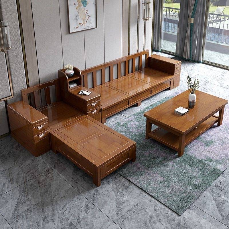 新中式实木沙发组合冬夏两用小户型沙发高箱储物家用转角木质沙发