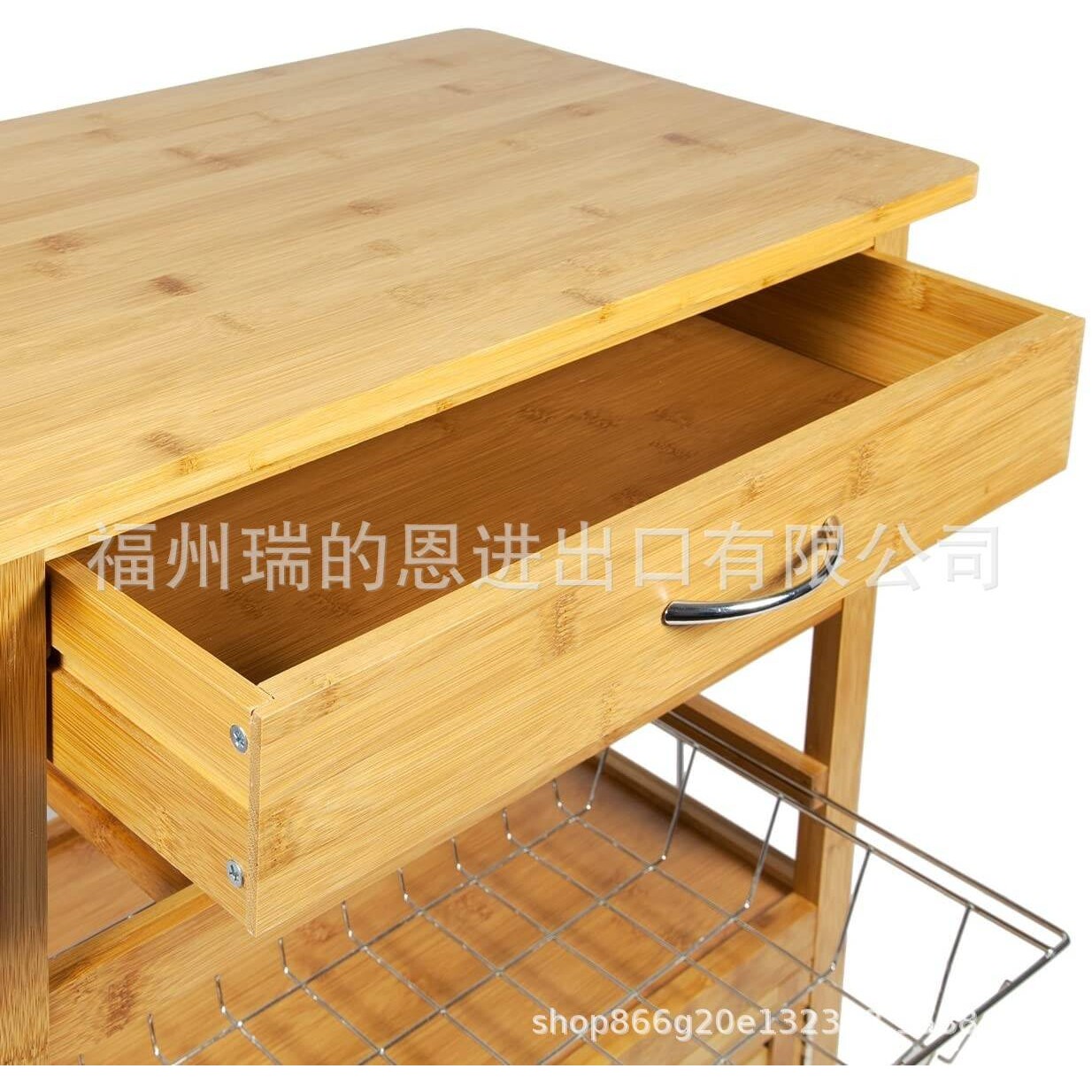 欧美跨境厂家直供竹制厨房移动餐车带储物柜带酒架带铁篮抽屉移动
