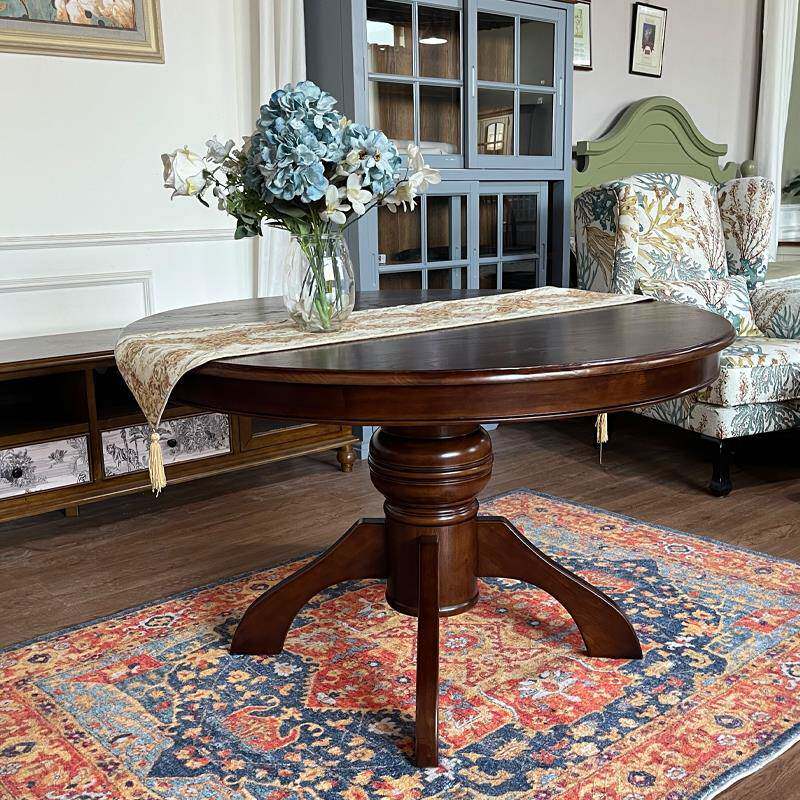 I1美式全实木大圆餐桌家用小户型胡桃木色美式圆桌餐桌椅