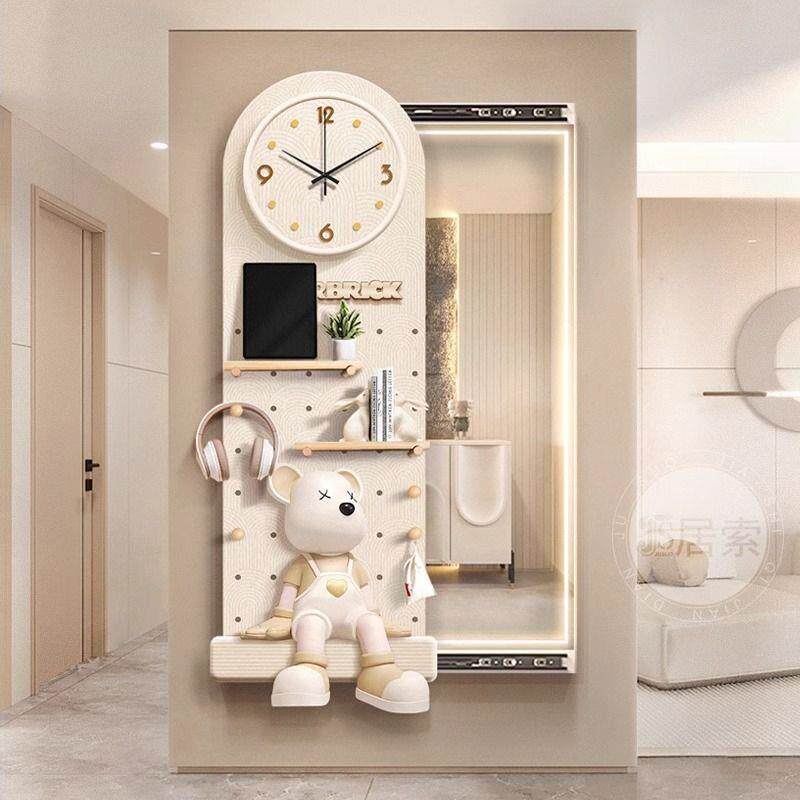 奶油风推拉全身镜洞洞板钟表可关闭隐形玄关穿衣镜壁画潮玩装饰画