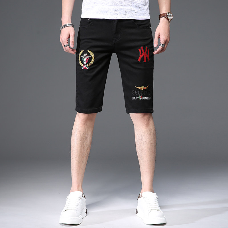 夏季薄款男士黑色刺绣牛仔短裤五分裤子潮流休闲弹力修身中裤潮牌,男装,牛仔裤,淘宝优惠券,粉丝福利购,淘宝优惠卷