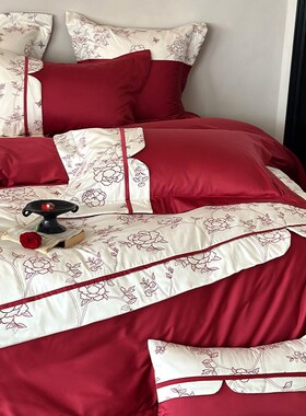 新中式绣花婚庆四件套全棉100支红色结婚被套床单1.W8床笠床上用