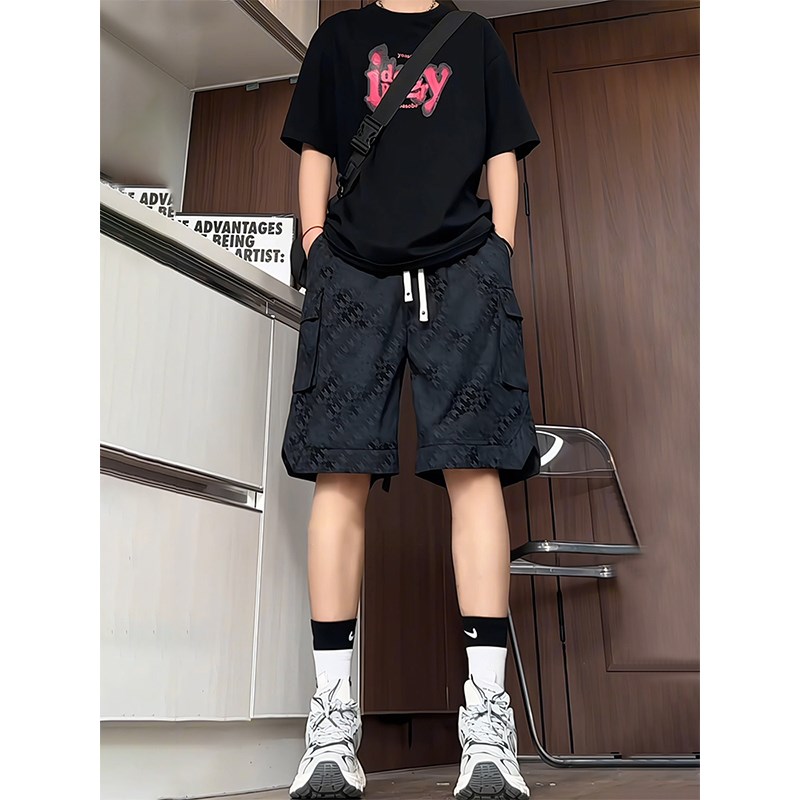 美式扎染黑色工装短裤男款夏季青少年酷帅裤子大口袋休闲五六分裤