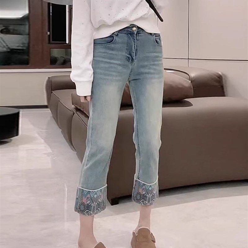 梨形身材裤子大码高腰弹力九分牛仔裤女春胖mm遮肉显瘦直筒烟管裤