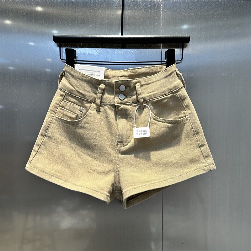 显腿长显瘦高腰两粒扣卡其色弹力紧身牛仔短裤2025年夏款A字热裤