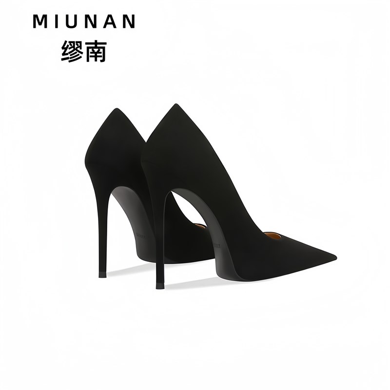 2024春秋新款黑色绒面高级感女高跟鞋12cm尖头细跟不Y累脚职业单