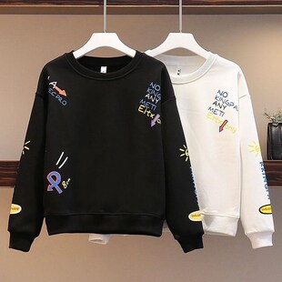 2024年新款女春秋薄款胖妹妹女士圆领洋气不带帽卫衣宽松韩版外套