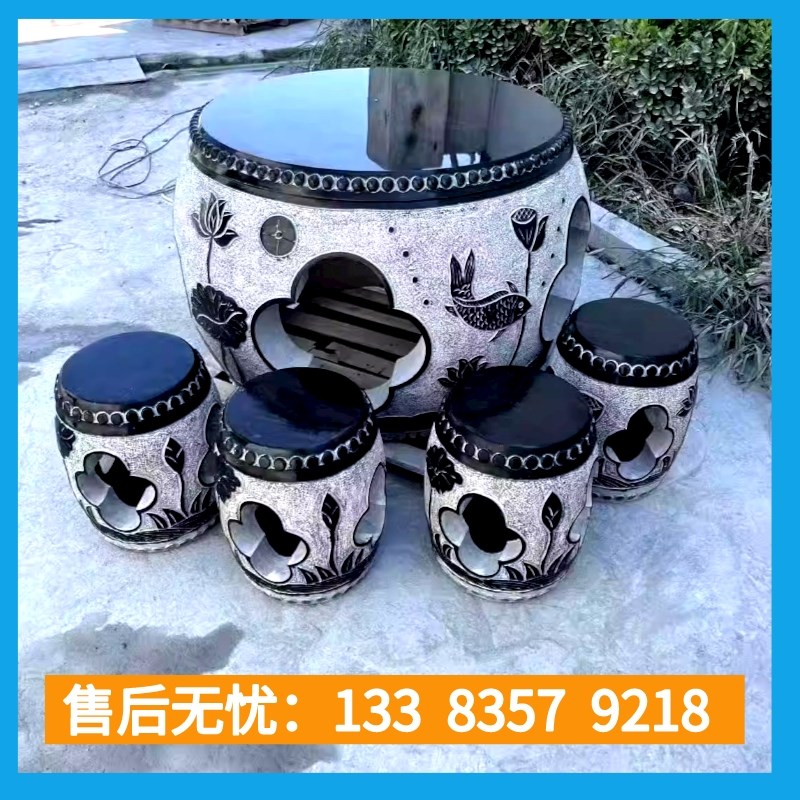 青石庭院圆桌椅一套石雕石桌石凳花园茶桌天然大理石桌子户外摆件