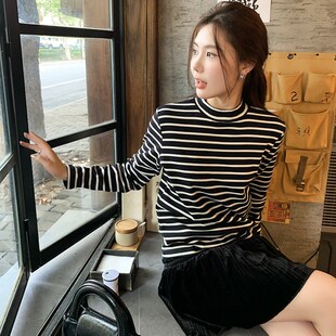 重磅条纹t恤女2024新款半高领长袖打底衫磨毛加绒黑白宽松卫衣厚