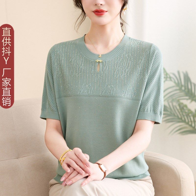 2025新款短袖冰丝小衫中老年人女装薄款针织T恤妈妈夏装时尚套装