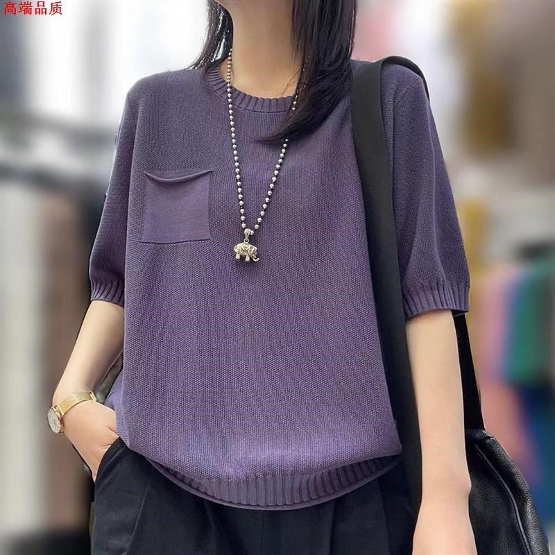 爆款110-210斤纯棉大码女装圆领针织衫夏季宽松遮肉薄款透气T恤上