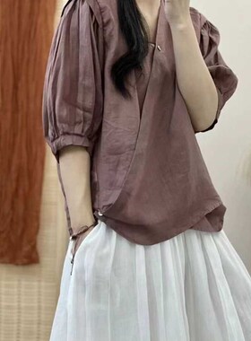 18689设计感捏褶灯笼袖汉服式斜襟小衫宽松显瘦精细纯苎麻百上衣