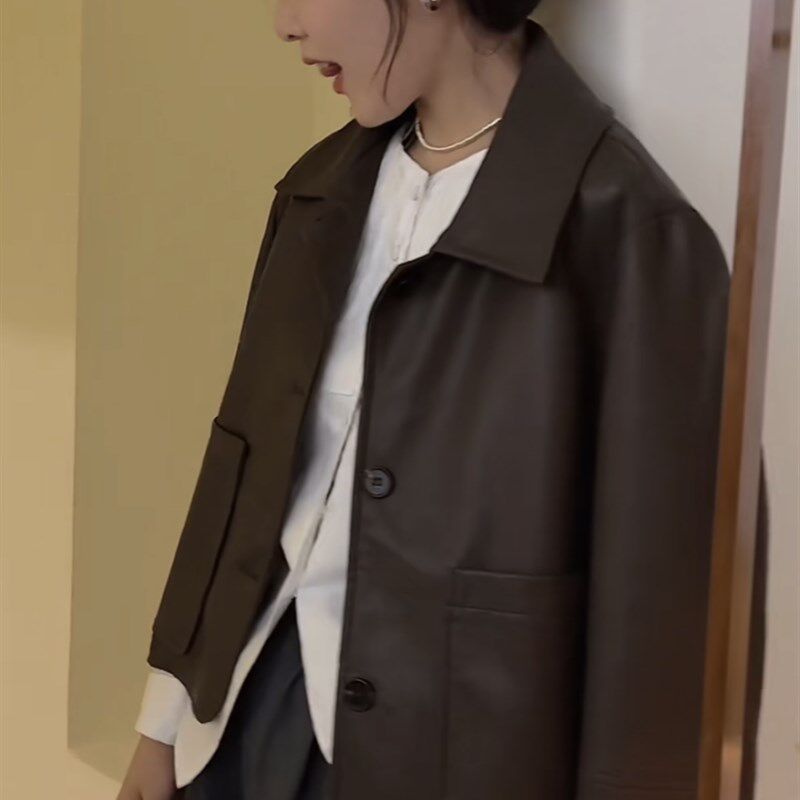 爆款高级感棕色皮衣翻领短款外套女2025春秋季新款复古咖啡色夹克