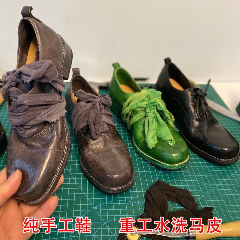 小众设计气质水i洗马皮复古方头系带guidi鬼帝小皮鞋单鞋手工女鞋